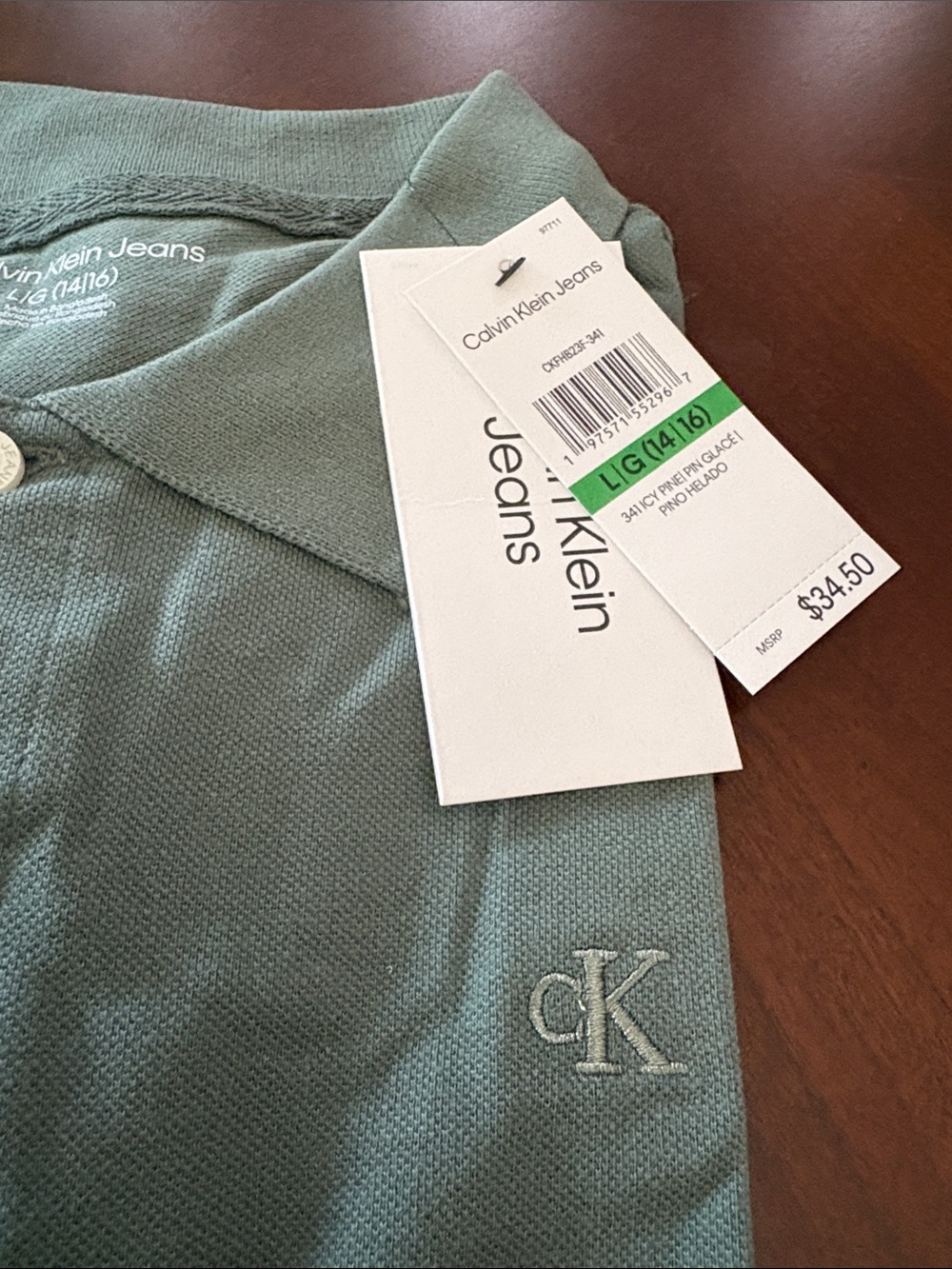 Calvin Klein Jeans boys size Large 14/16 Sage Green classic Polo Shirt $35 new